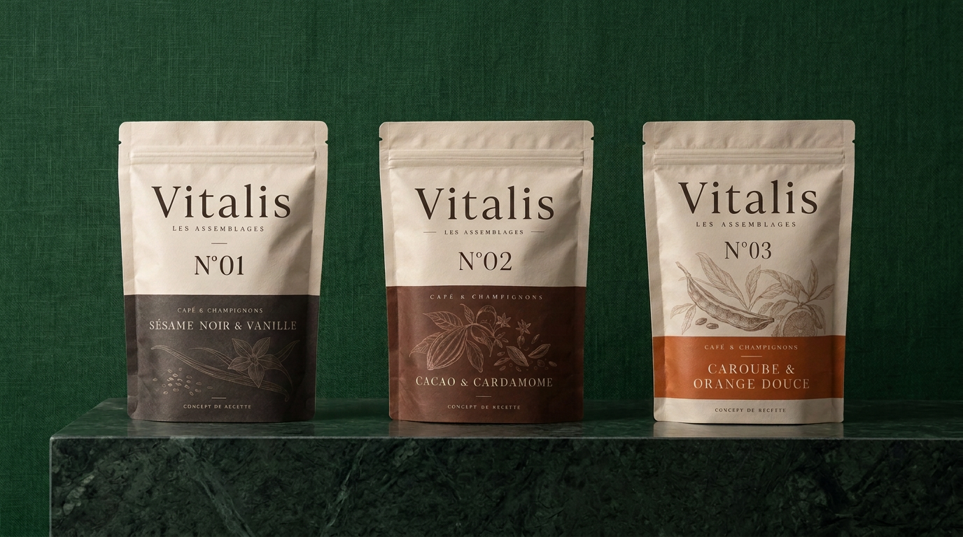 Les trois sachets Vitalis alignées sur fond vert forêt