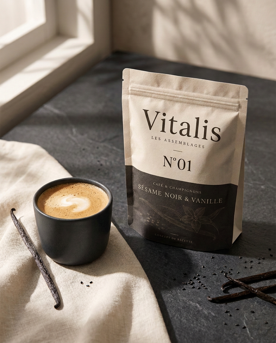 Mise en scène d'ambiance avec le sachet Sésame noir & Vanille