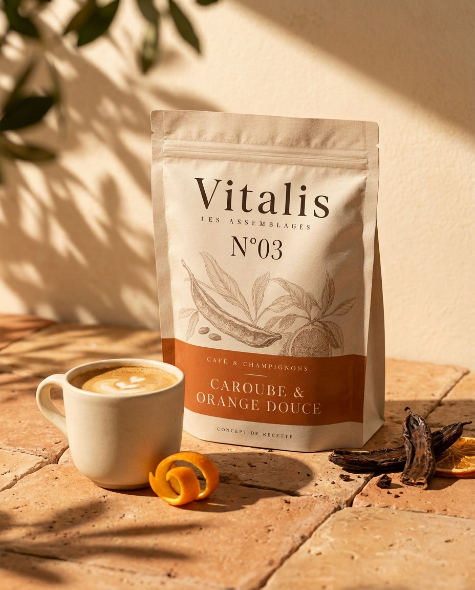 Mise en scène d'ambiance avec le sachet Caroube & Orange douce